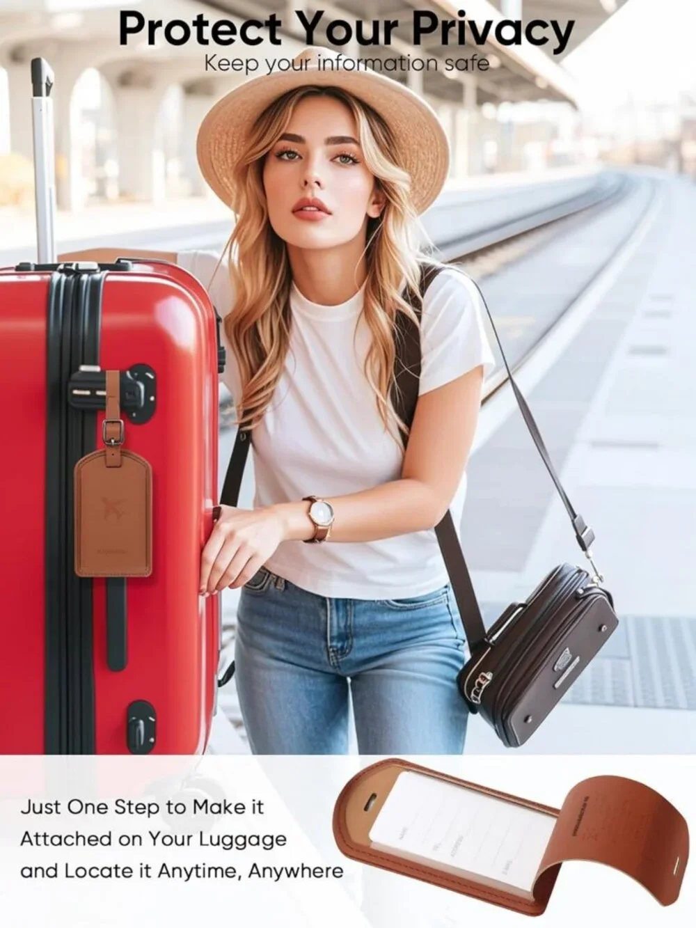 Luxury Leather Luggage Tags with Anti-Loss Tracker for Travel Bags & Suitcases
